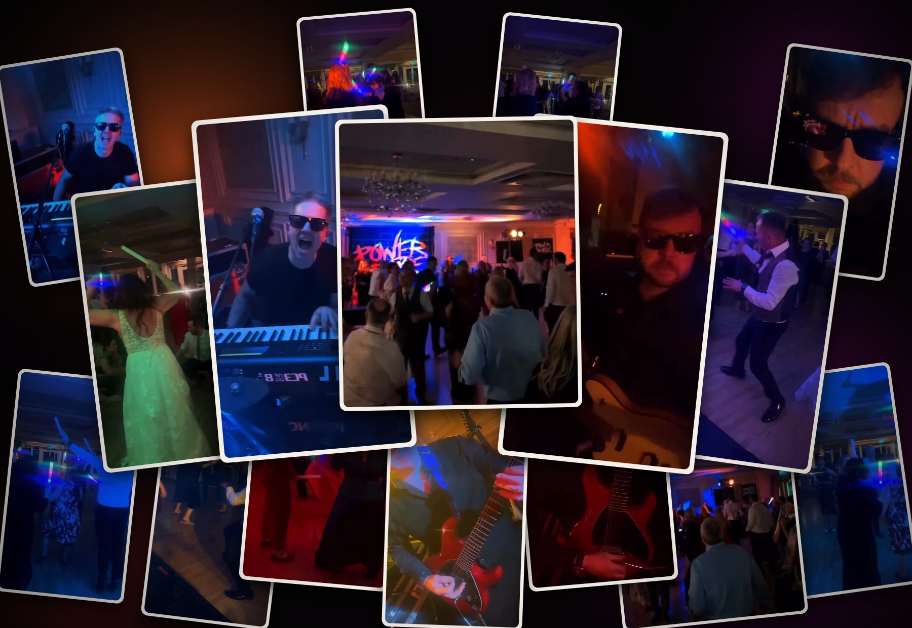 PowerStruggle live wedding band collage: the band on stage and packed dance floors